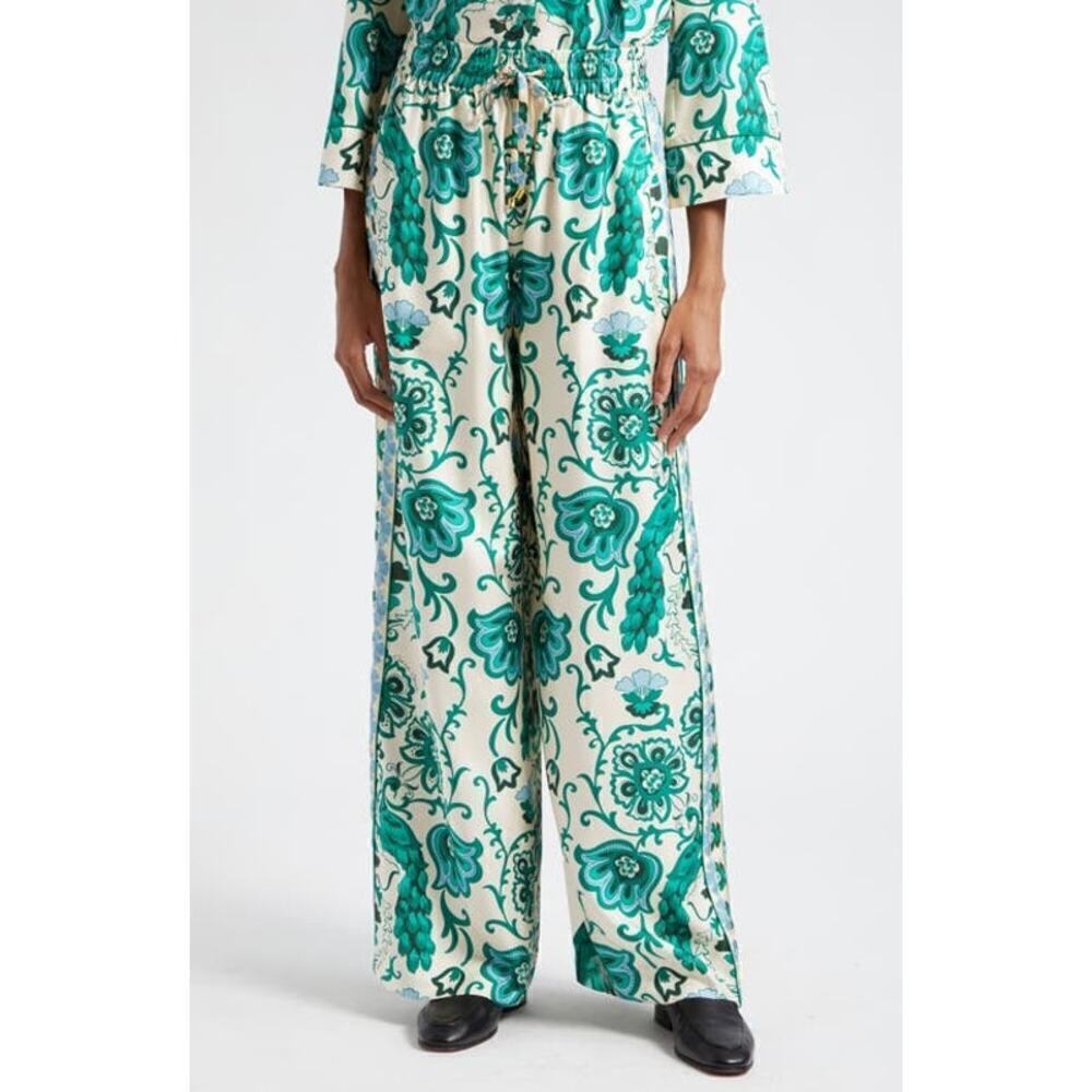 Cara Cara Amalfi Print Satin Silk Blend Wide Leg Pants Peacock Turtledove Sz XS